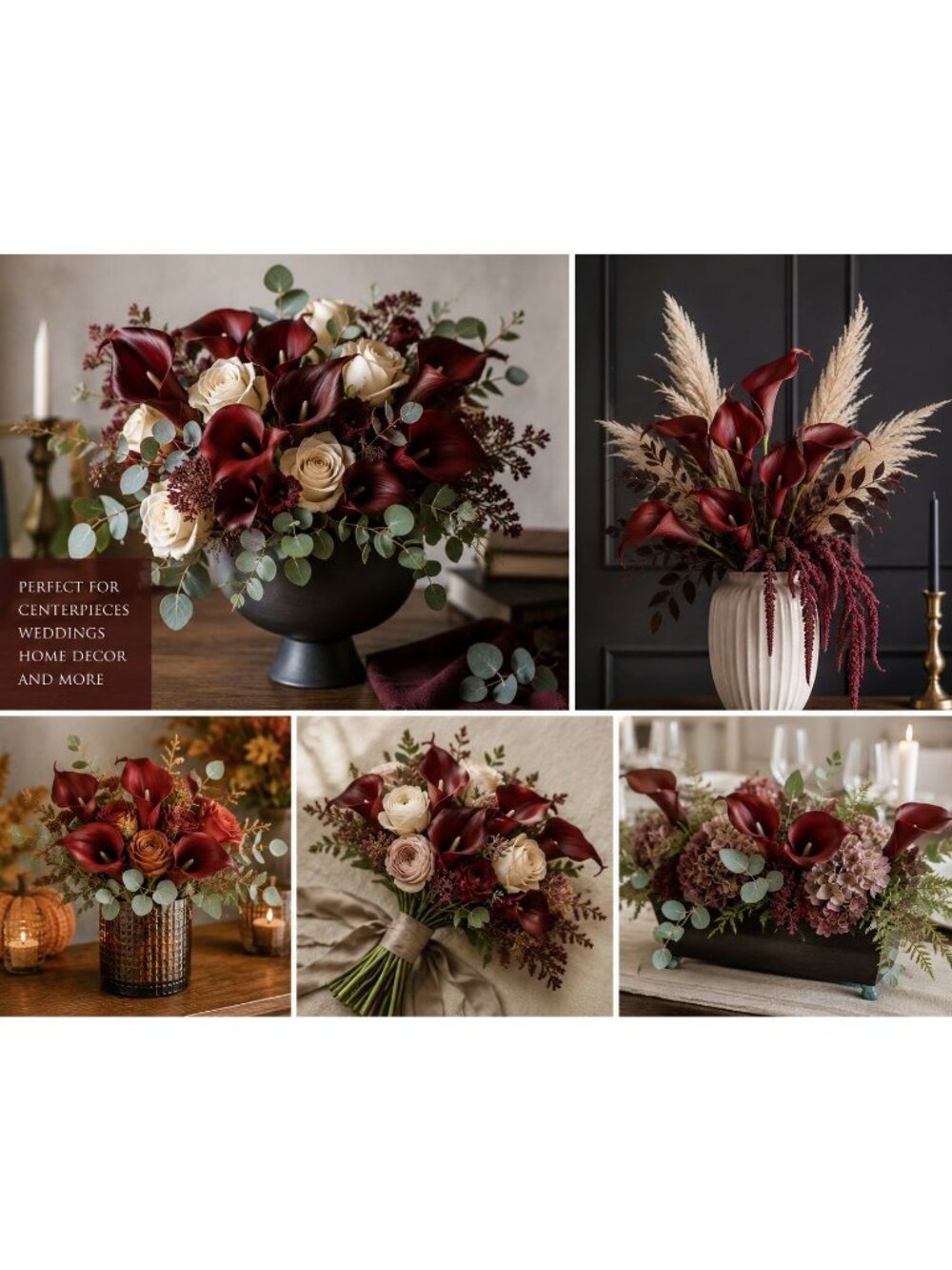 Burgundy Calla Lily Stems Faux Floral Bouquet Wine Red Flowers 5 Stem Bunch Mood - Picture 9 of 11